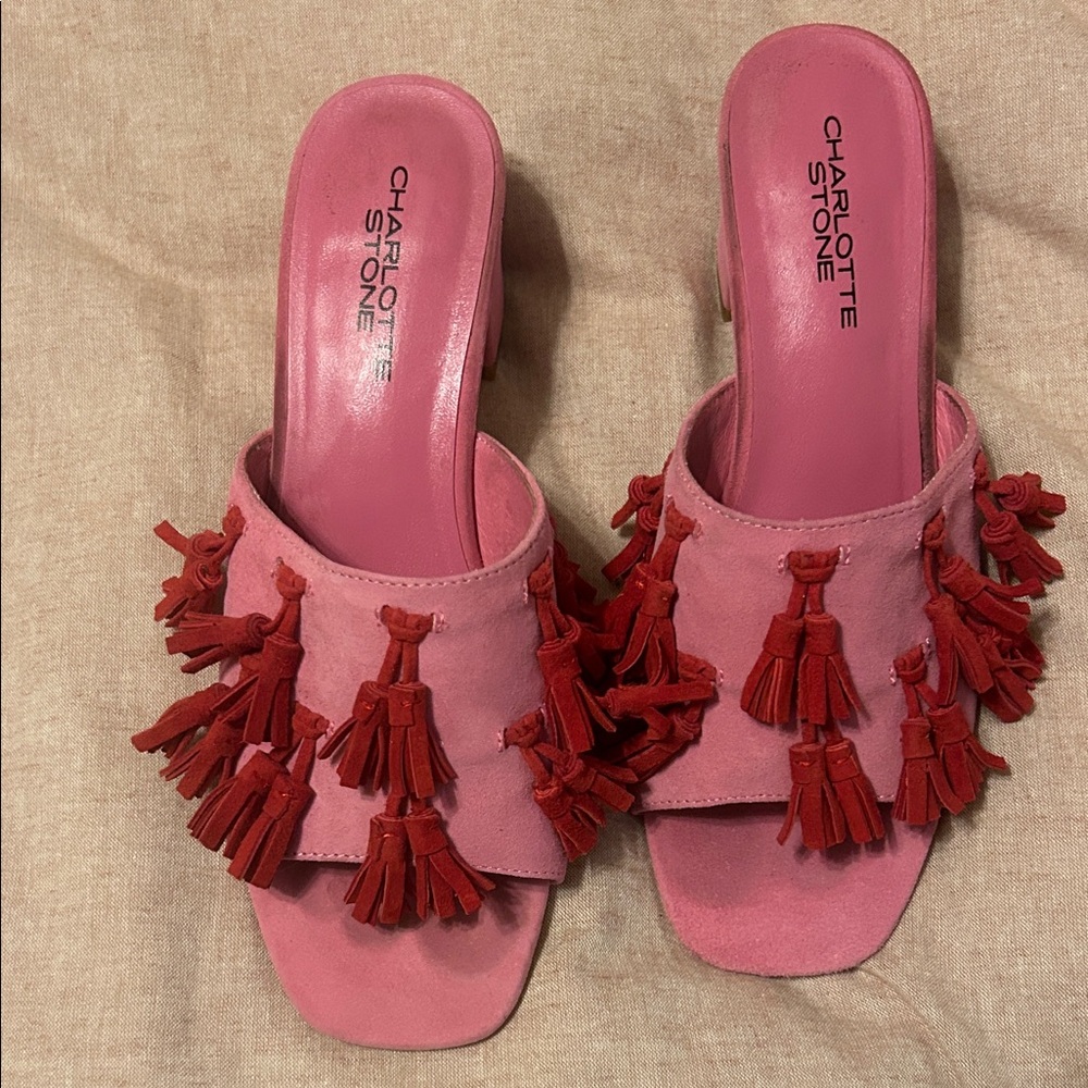 Charlotte Stone pink suede tassel slide block heel
mules size 8